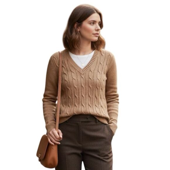Express Cable Knit V-Neck Sweater in Tan NEW Size Large - Picture 1 of 6